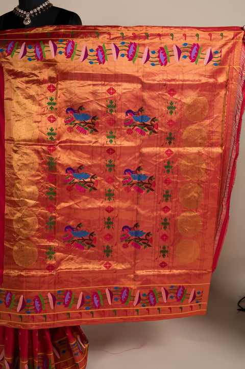 Red Lotus Handwoven Paithani Saree with Tilgul Butti Border