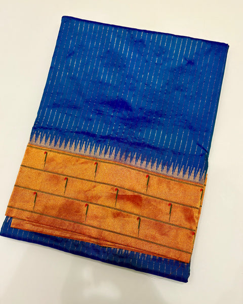 Electric Blue Triple Muniya Pure Silk Paithani with Zari Stripes