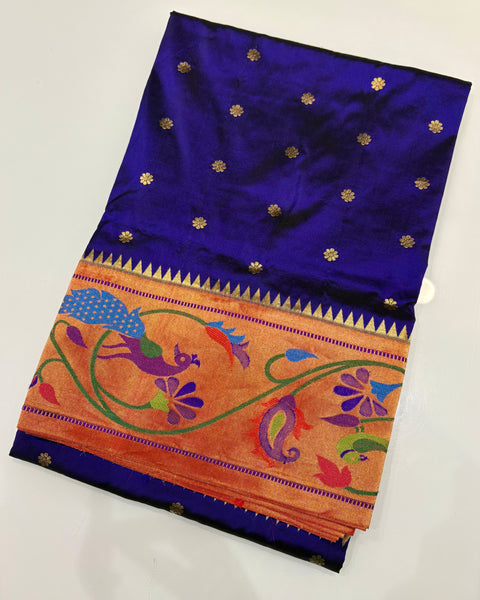Royal blue pure silk paithani with Peacock border