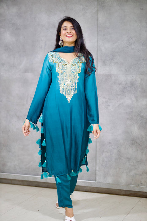 Peacock Colour Muslin Silk Straight Fit Suit with Mirror and Zari Work