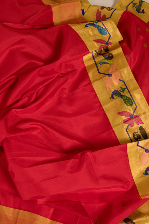 Tomato Red & Dark Peach Pure Silk Paithani Saree with Yellow Border