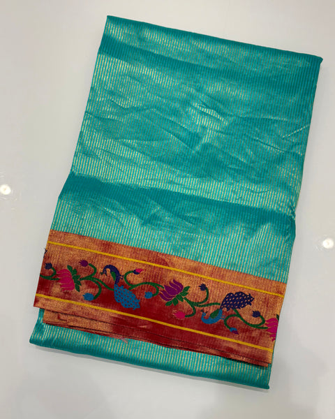 Pastel Blue Pure Silk Paithani with tissue zari stripes