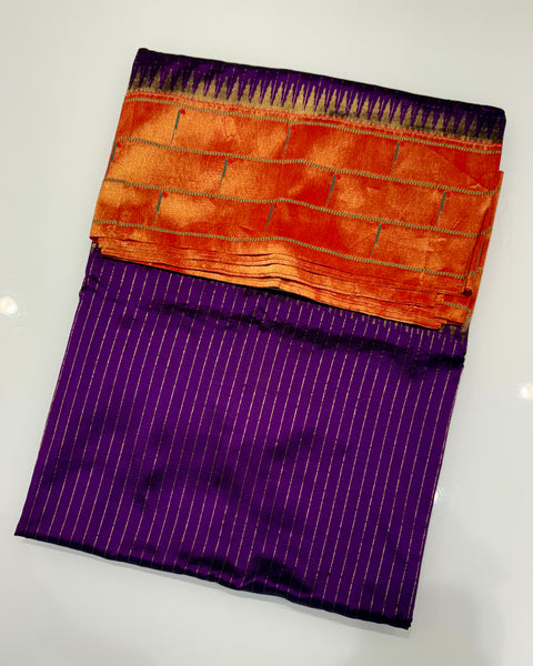 Purple Triple Muniya Pure Silk Paithani with Zari Stripes