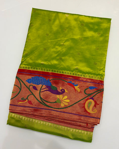 Parrot Green with Peacock Border Pure Silk Paithani