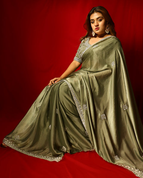 Olive Satin Silk Saree with Designer Blouse