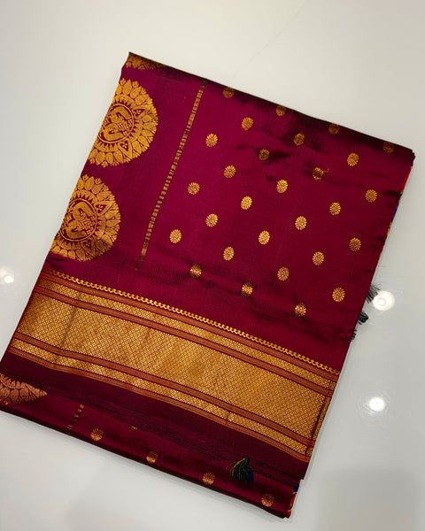 Wine Pure Silk Traditional Maharani Paithani