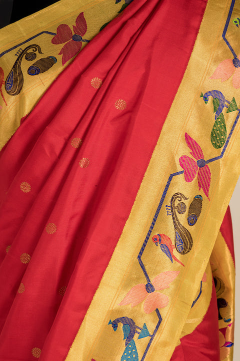 Tomato Red & Dark Peach Pure Silk Paithani Saree with Yellow Border