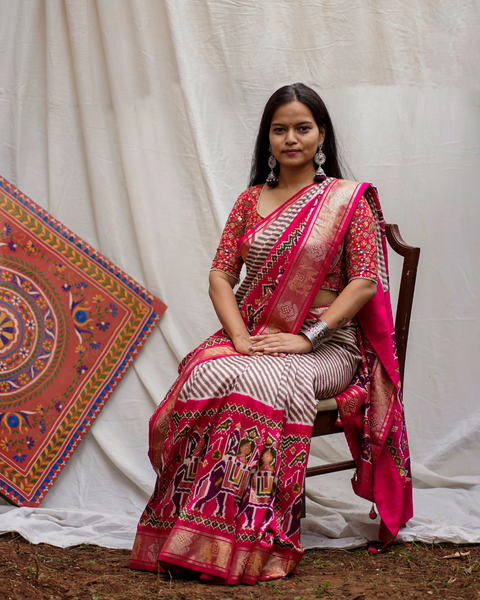 Pink Patola Saree with Brown Stripes and Patola Border