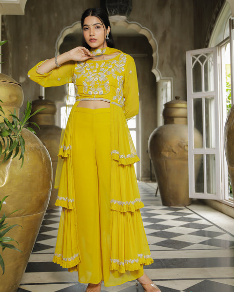 Bright Yellow Indowestern Outfit with Zardosi Handwork