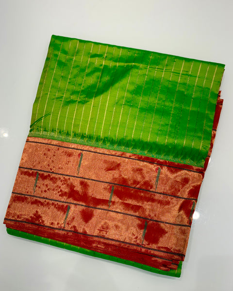 Parrot Green Triple Muniya Pure Silk Paithani with Zari Stripes
