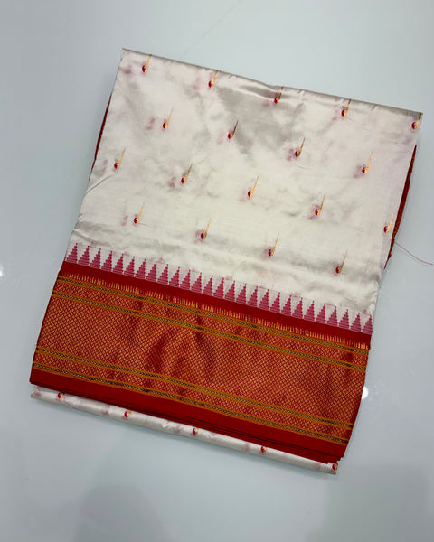 White Pure Silk Paithani with muniya butties
