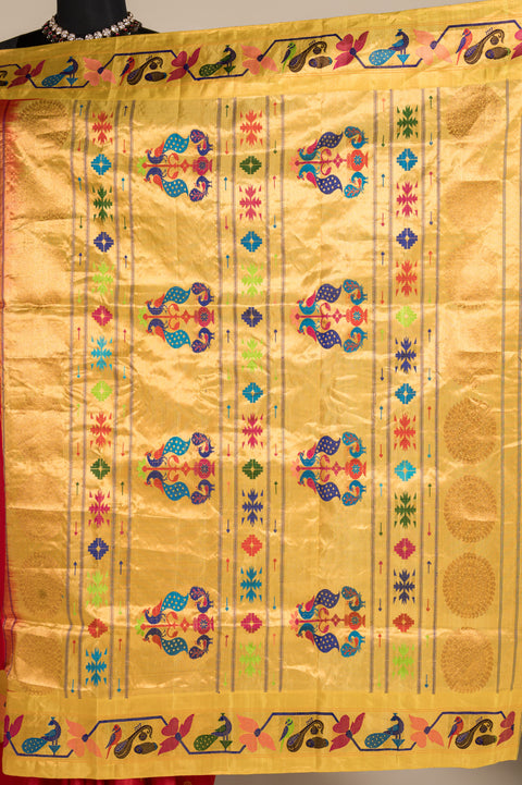 Tomato Red & Dark Peach Pure Silk Paithani Saree with Yellow Border