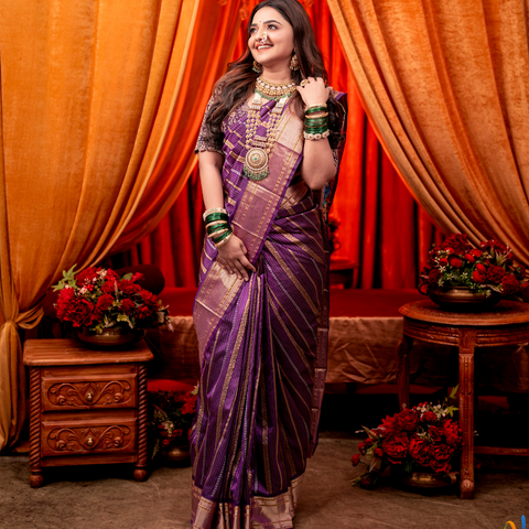 Purple Paithani Pure Silk Saree with Golden Zari Strips: A Regal Masterpiece