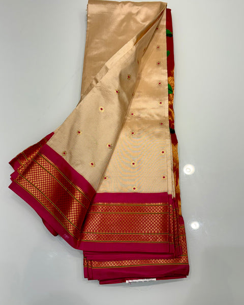 Cream White Pure silk traditional paithani