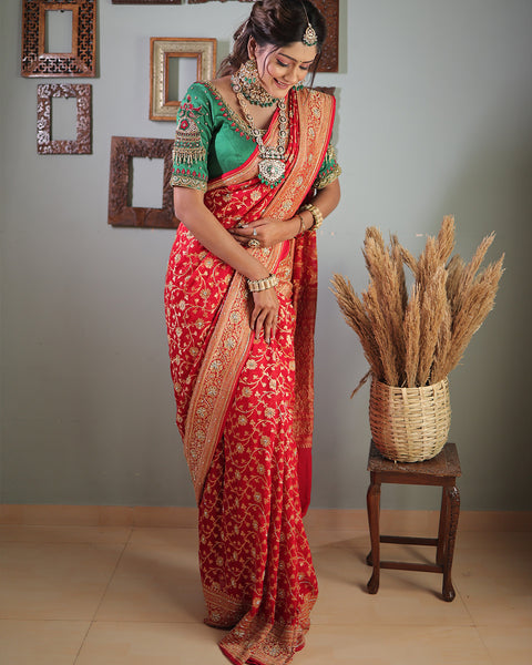 Red Khaddi Georgette Saree with Zardosi Handwork