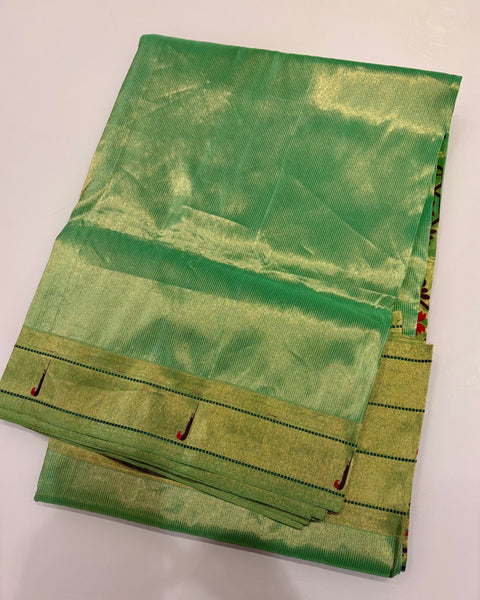 Parrot Green Triple Muniya with Tissue Zari Stripes Pure Silk Paithani