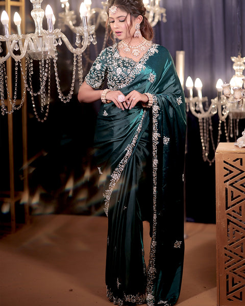 Teal Satin Silk Designer Saree with Heavy blouse