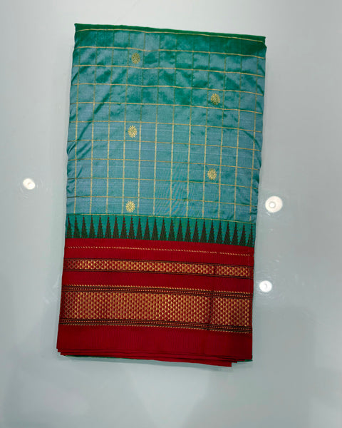 Aqua blue Check Pure silk Paithani