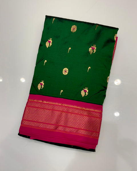 Bottle green pure silk paithani