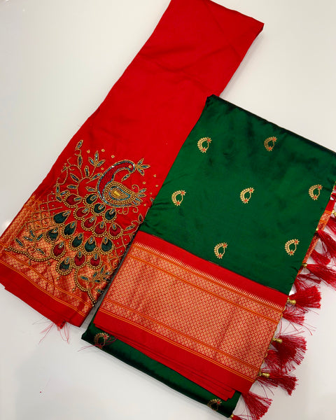 Bottle green Paithani with embroidered contrast blouse
