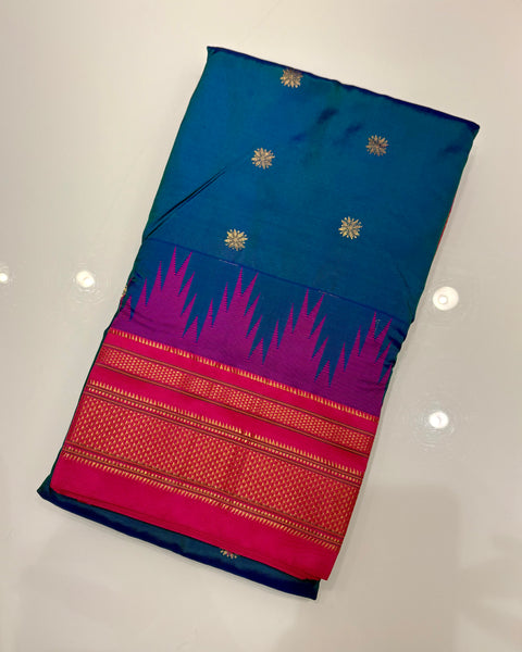 Prussian Blue Pure silk paithani with temple border