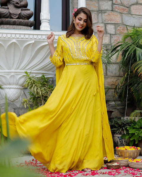 Bright Yellow Indowestern dress with stone work