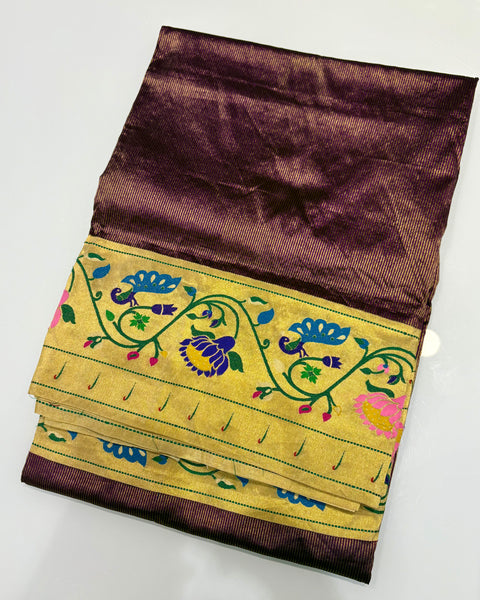 Wine Pure Silk Paithani with Tissue Zari Stripes
