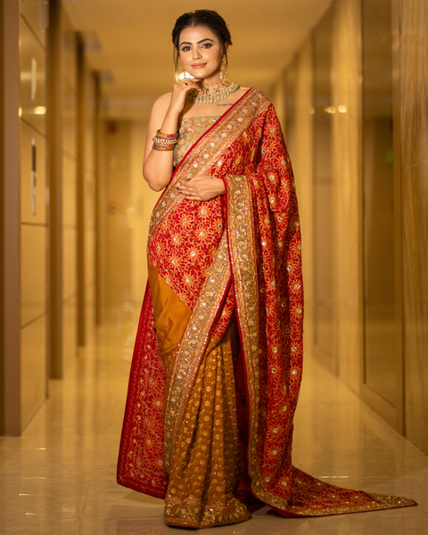 Red Bridal Saree in Crepe Fabric with Mustard Accents and Heavy Thread Work