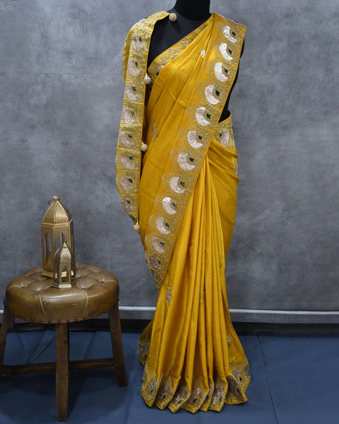 Mustard Yellow Silk Designer Crepe Saree