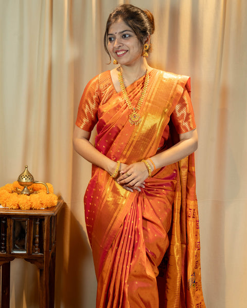 Orange Pure Silk Paithani Saree with Chatai Zari Border