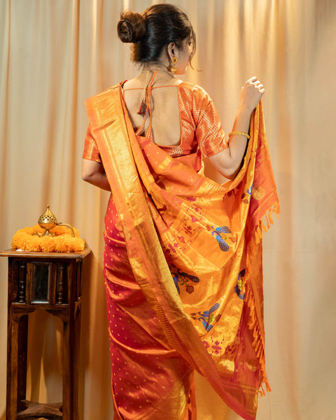 Orange Pure Silk Paithani Saree with Chatai Zari Border