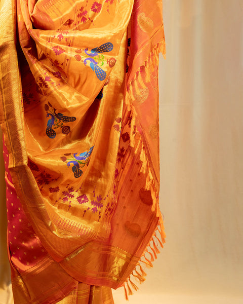 Orange Pure Silk Paithani Saree with Chatai Zari Border