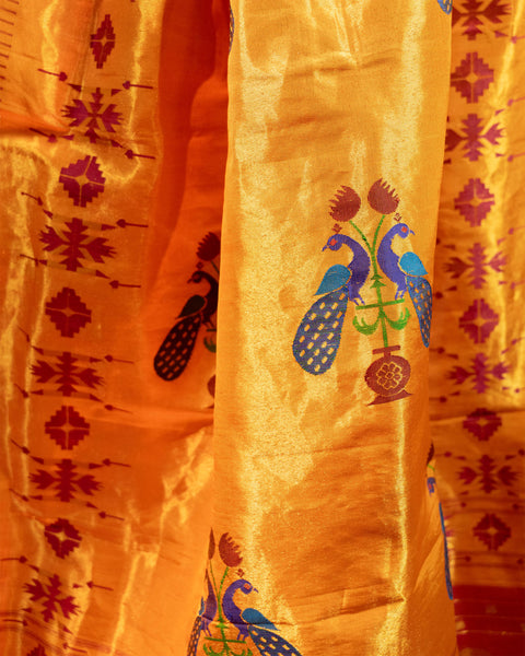 Orange Pure Silk Paithani Saree with Chatai Zari Border