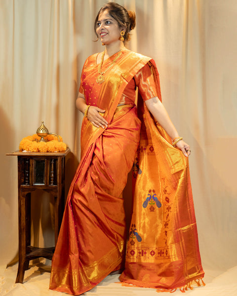 Orange Pure Silk Paithani Saree with Chatai Zari Border