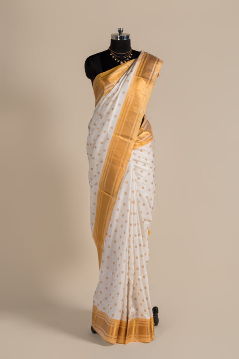 White Kalanjali Handwoven Paithani Saree with Yellow Chatai Border