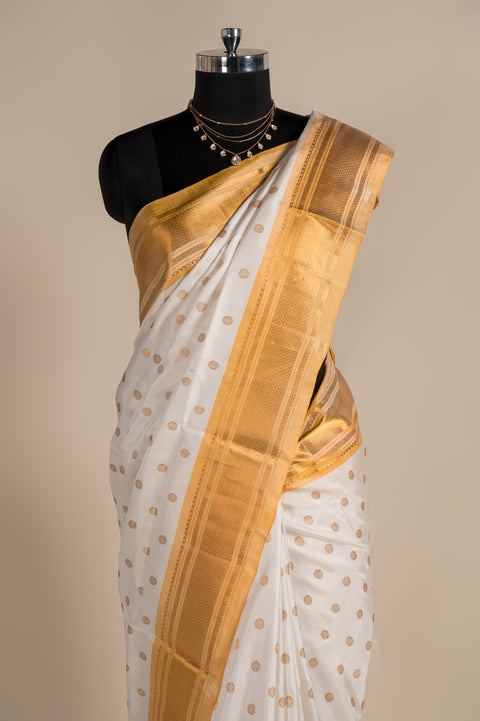 White Kalanjali Handwoven Paithani Saree with Yellow Chatai Border