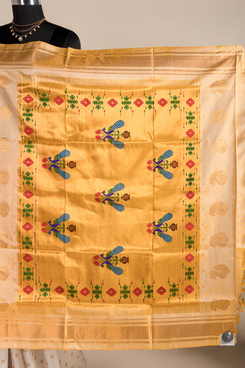 White Kalanjali Handwoven Paithani Saree with Yellow Chatai Border