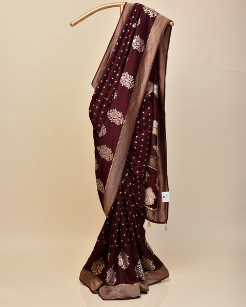 Wine Maroon Dola Silk Saree with Golden Silver Zari Work