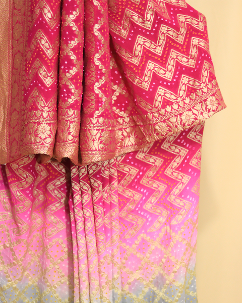 Beautiful Pink Bandhani Khaddi Georgette Saree for Weddings