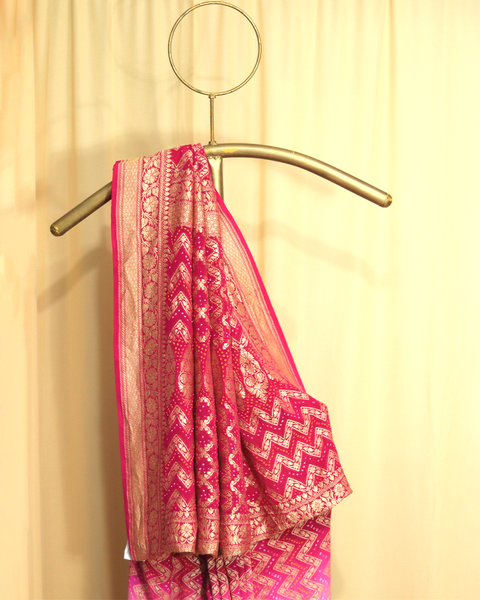 Beautiful Pink Bandhani Khaddi Georgette Saree for Weddings