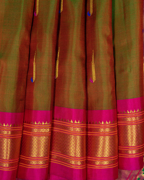 Olive Dual Shade Paithani Saree with Traditional Contrast Pink Border and Pallu