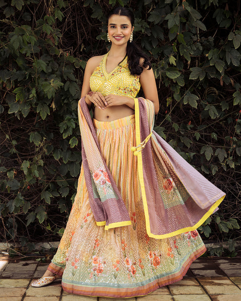 Printed Yellow Muslin light Lehenga with Hand-Embroidered Crop Top - The Vivaah Edit Haldi Special