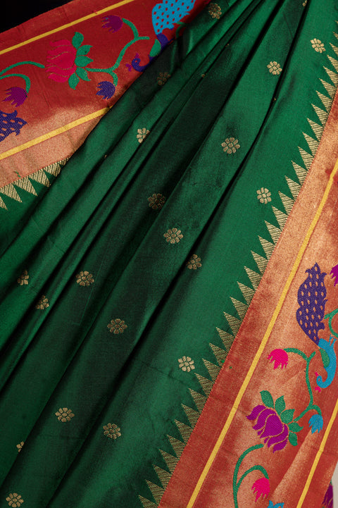 Bottle Green Handwoven Silk Saree with Lotus & Peacock Border