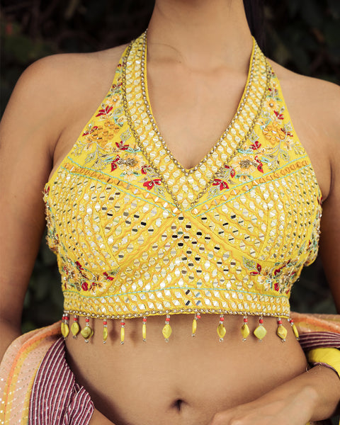 Printed Yellow Muslin light Lehenga with Hand-Embroidered Crop Top - The Vivaah Edit Haldi Special