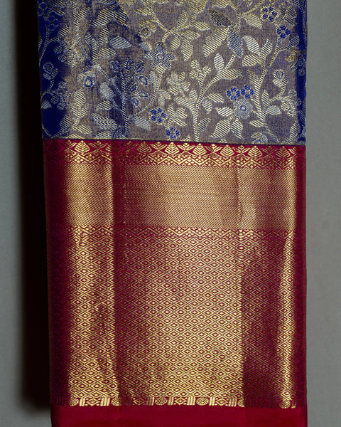 Royal Blue Tissue Kanjeevaram Saree with Red and Golden Zari Border