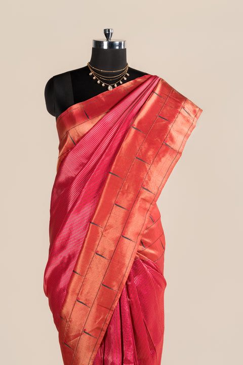 Pink Lining Triple Muniya Pure Silk Handwoven Saree