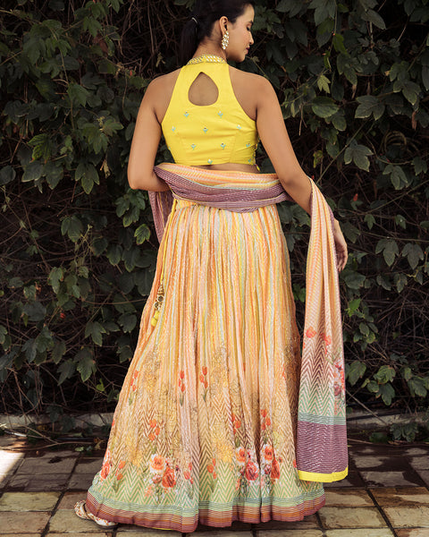 Printed Yellow Muslin light Lehenga with Hand-Embroidered Crop Top - The Vivaah Edit Haldi Special