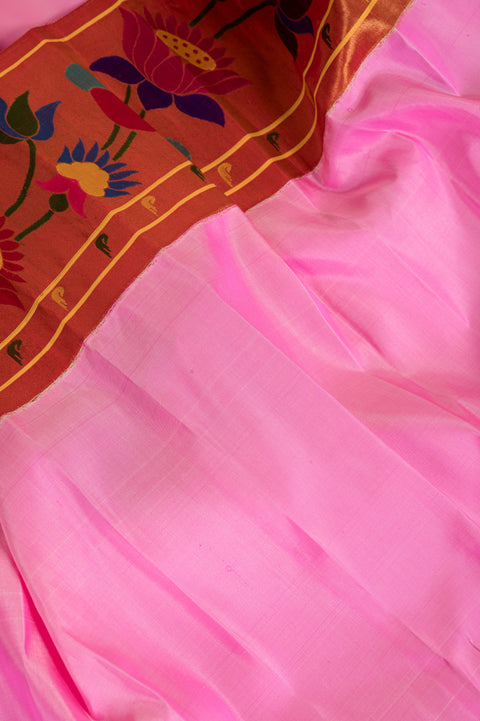 Baby Pink Handwoven Paithani Pure Silk Saree with Lotus Border