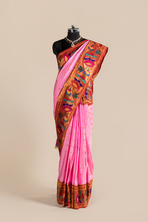 Baby Pink Handwoven Paithani Pure Silk Saree with Lotus Border