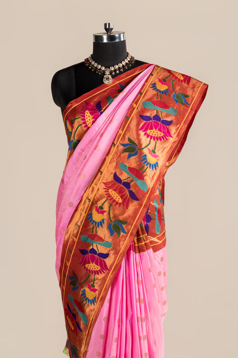 Baby Pink Handwoven Paithani Pure Silk Saree with Lotus Border